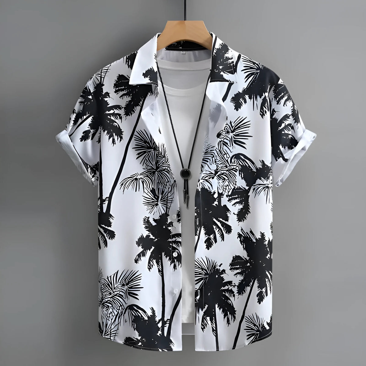 Hawaiian men's shirt with 3D printed pattern, short sleeves and regular fit cardigan style