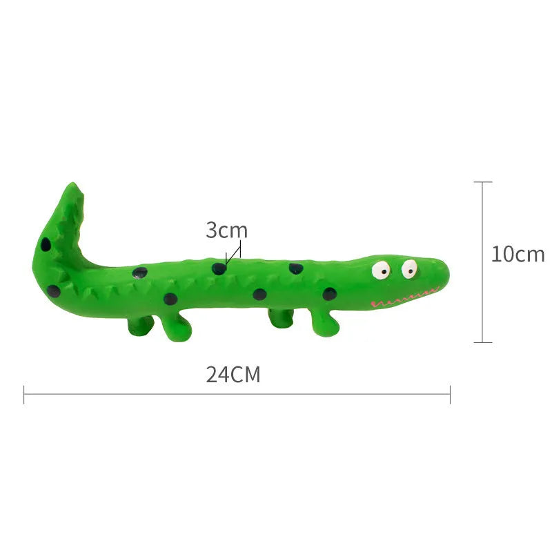 Green cartoon lizard dog chew toy with squeaker on white background