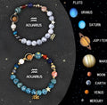 Set of twelve different natural stone bead bracelets, each featuring a different zodiac sign symbol.