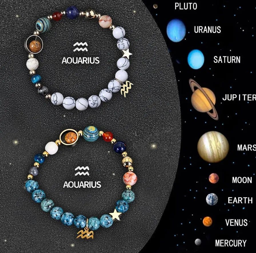 Set of twelve different natural stone bead bracelets, each featuring a different zodiac sign symbol.
