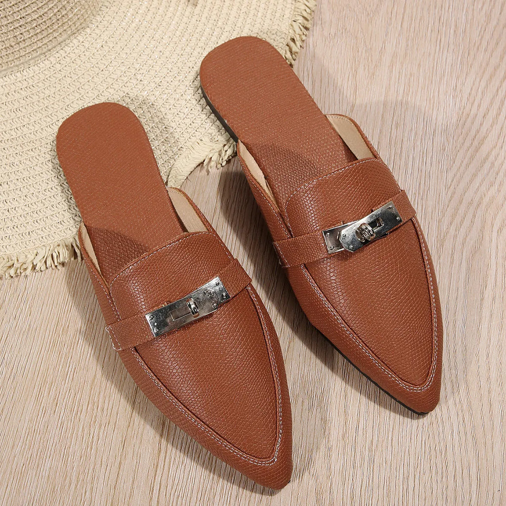 Women's light brown pointed toe semi-slippers with low heel and rubber sole