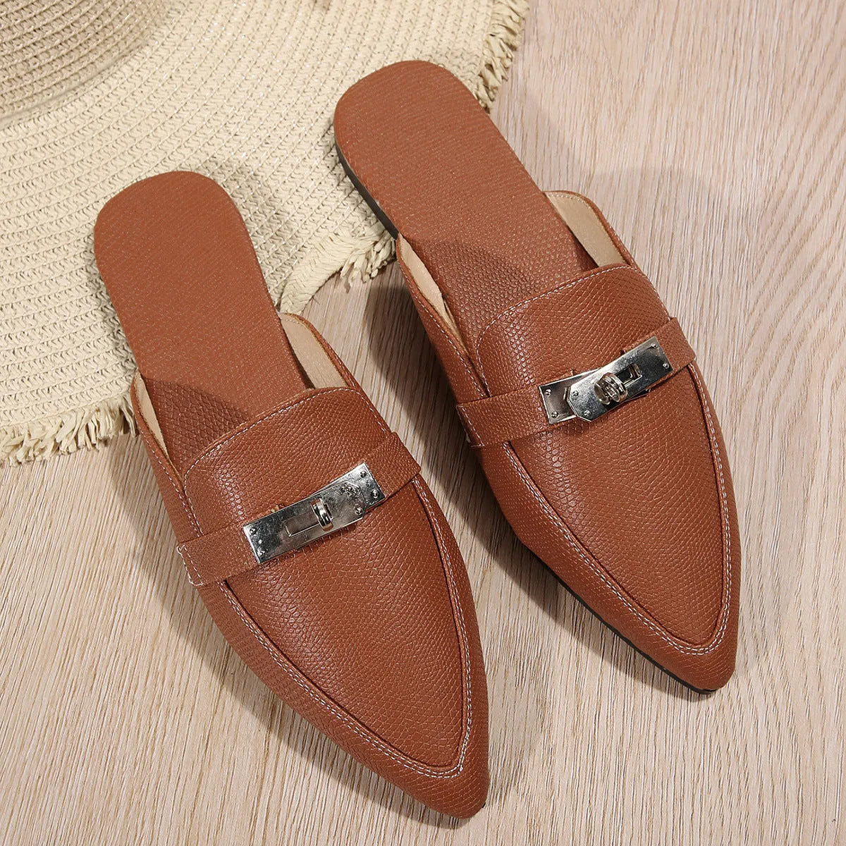 Women's light brown pointed toe semi-slippers with low heel and rubber sole