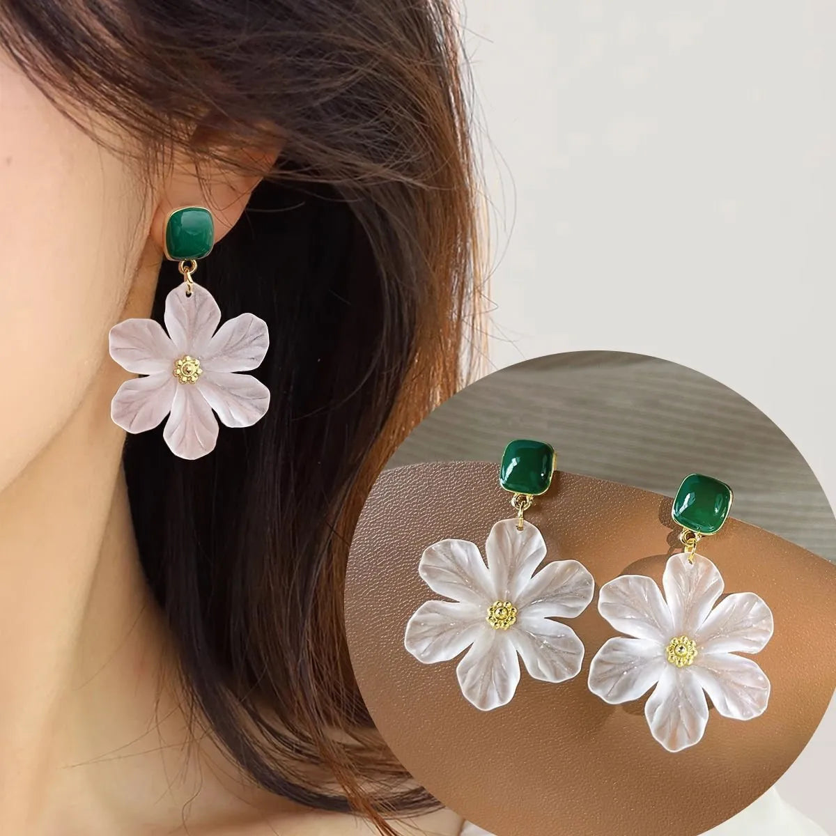 Dark green needle flowers sweet earrings with floral design and sterling silver alloy construction