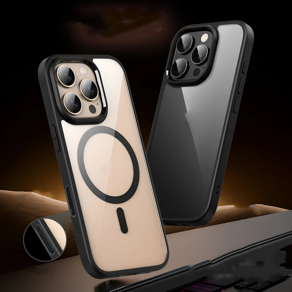 Black magnetic iPhone 16 phone case with TPU and PC construction showing magnetic components and airbag-style protection elements