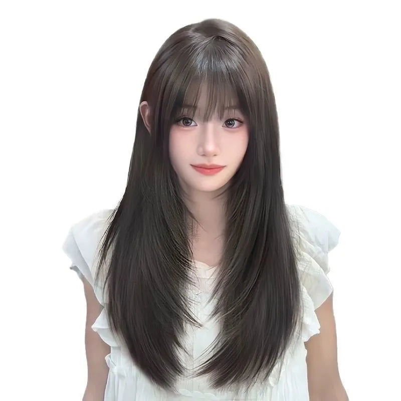 Women's black long straight full-head wig with high-layered styling on display