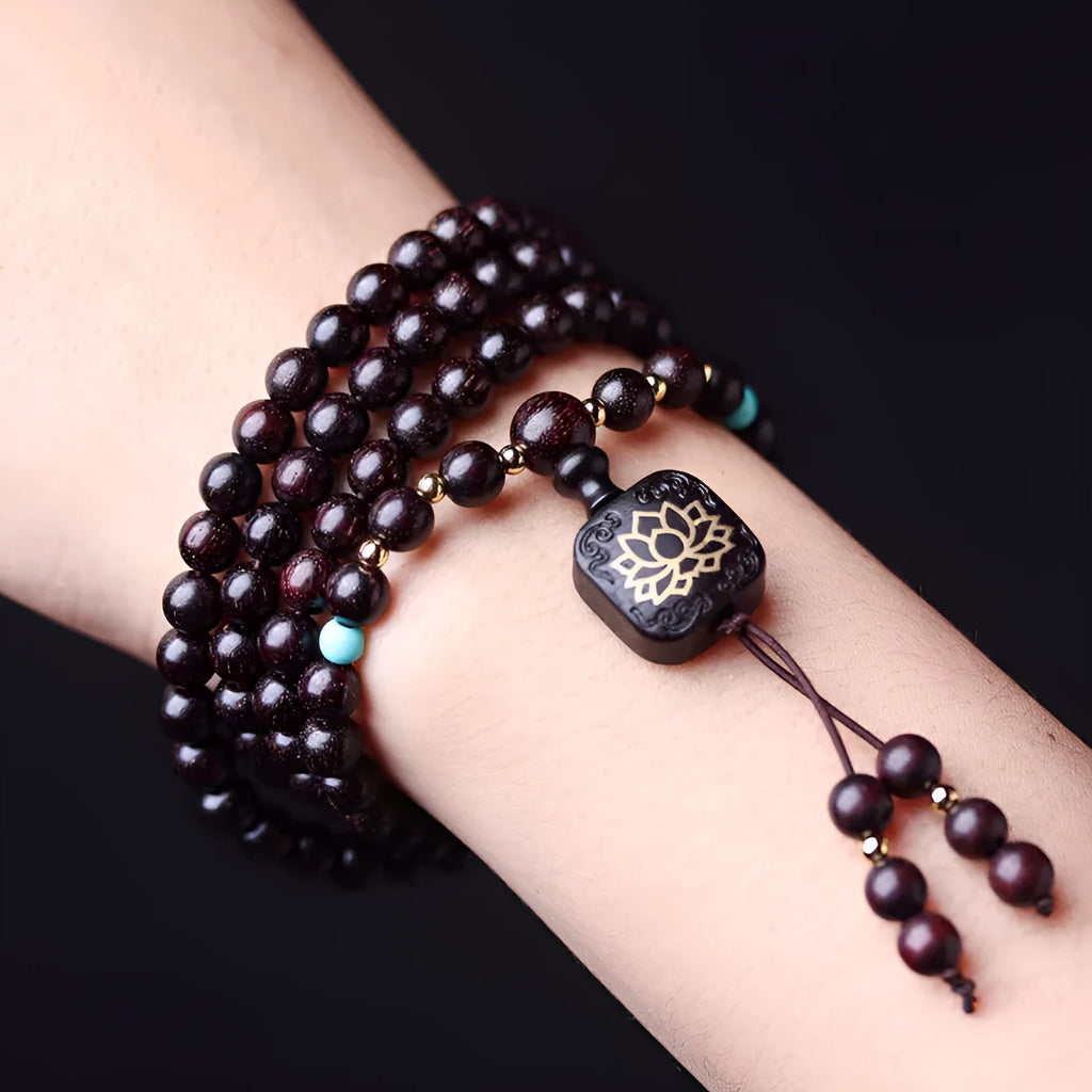 Zambia rosewood Buddha beads bracelet with flat lotus pendant, 108 wooden beads 0.6cm diameter