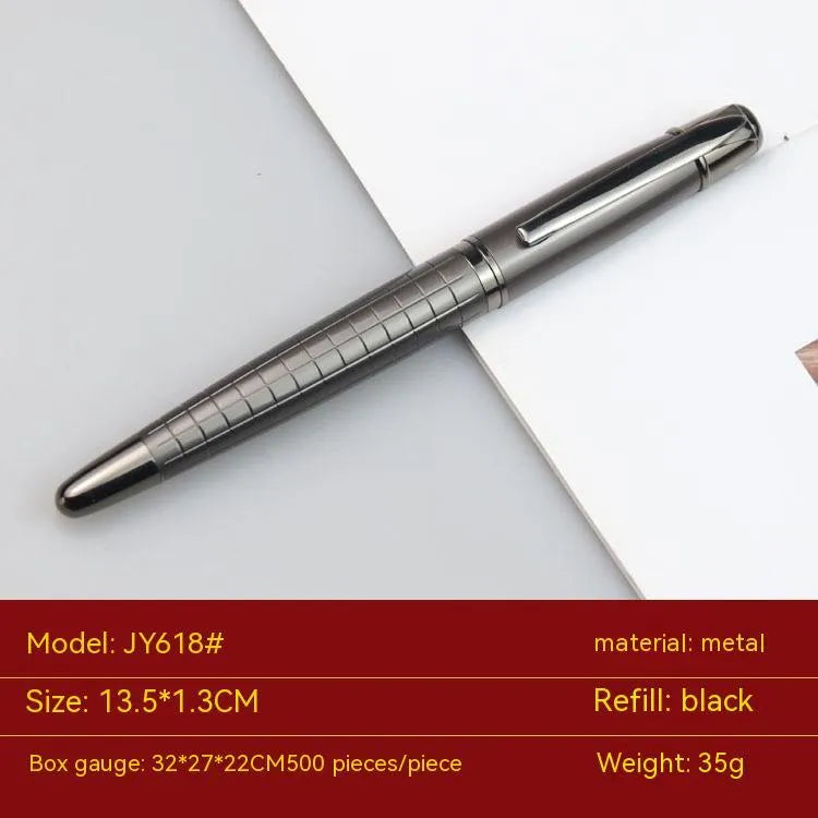 Gun grey metal roller pen showing 13.5cm length with black and blue refill options