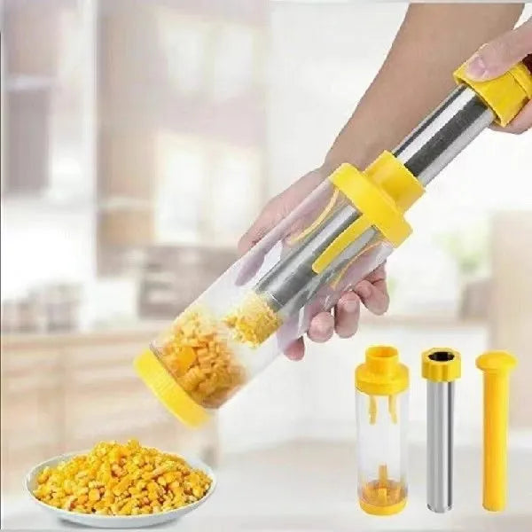 Yellow corn stripper tool with cylindrical design showing 27cm height measurement