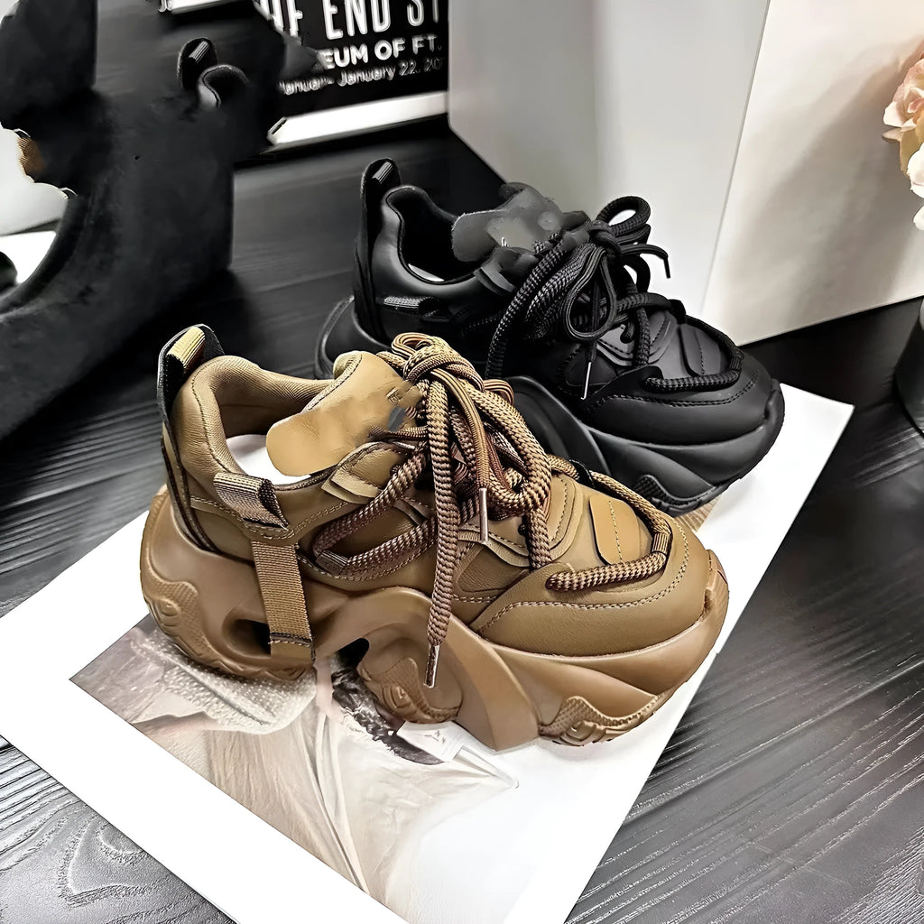 Women's casual wedge sneakers with cross straps, round toe, and 6-8cm wedge heel in synthetic leather
