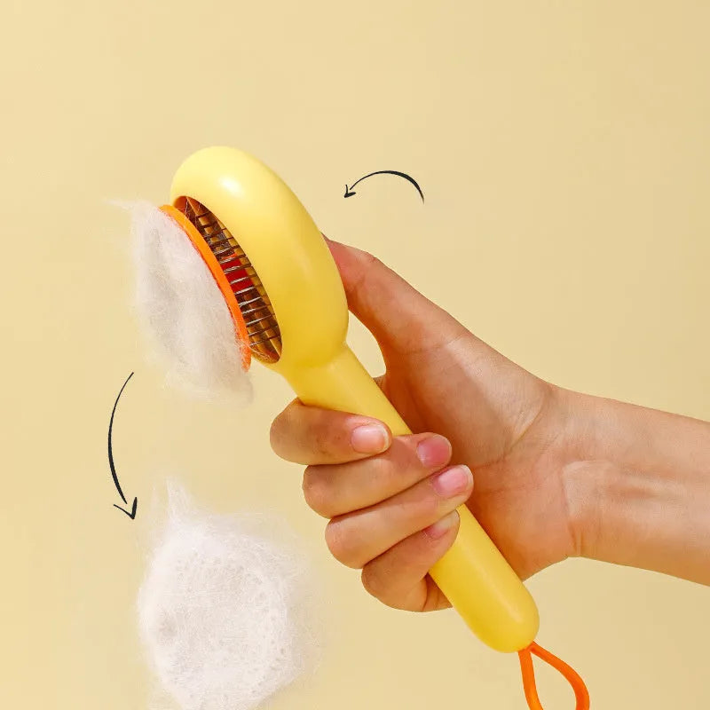 Small yellow duck comb brush for pet hair removal with open-section needle teeth