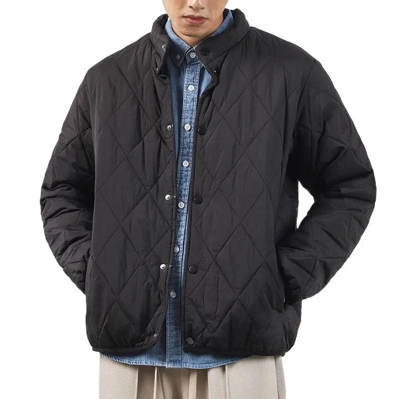 Men's black winter jacket with diamond lattice pattern and lengthened 100cm design