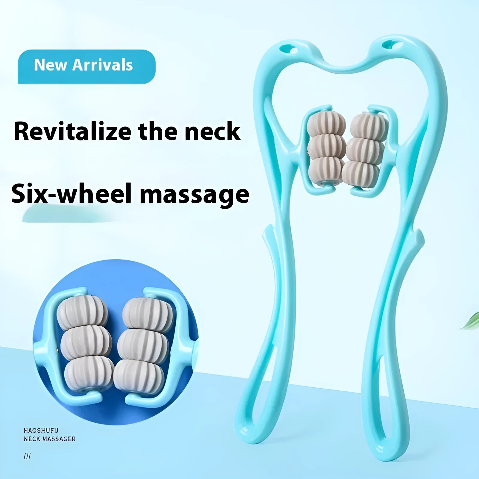 Blue handheld electric massager with six rotating wheels for shoulder neck and waist