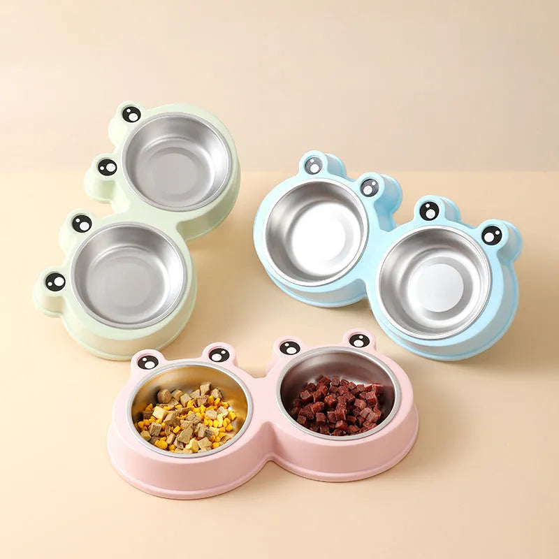 Stainless steel pet bowl with ceramic frog base and dual food water compartments