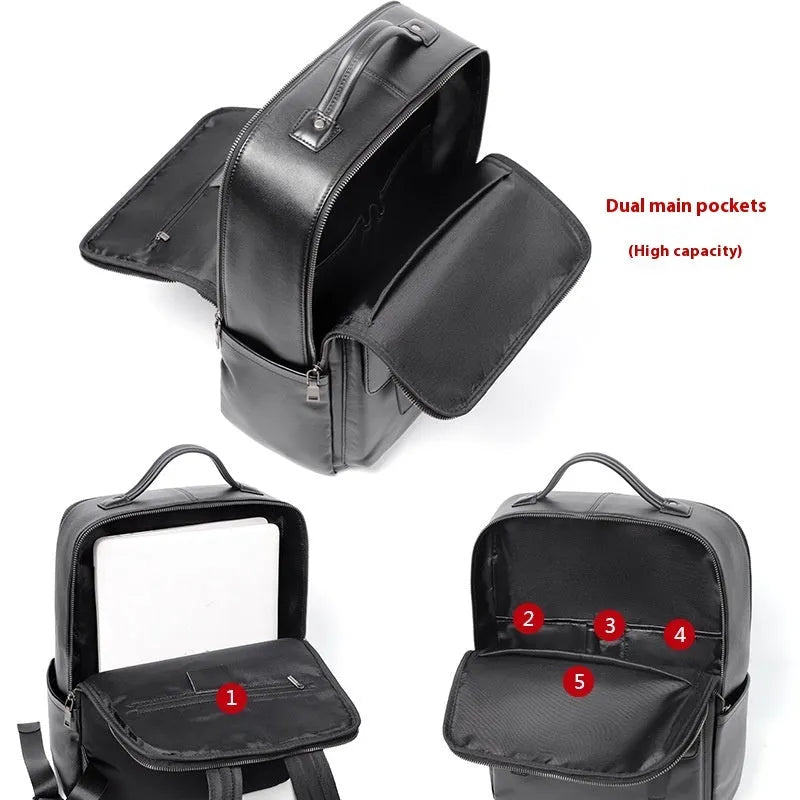 Men's black genuine leather computer backpack with weaving detail and large 36-55L capacity.