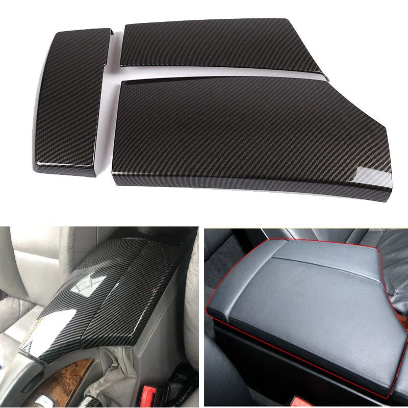 Three black ABS car armrest box covers with a glossy carbon fibre weave pattern.