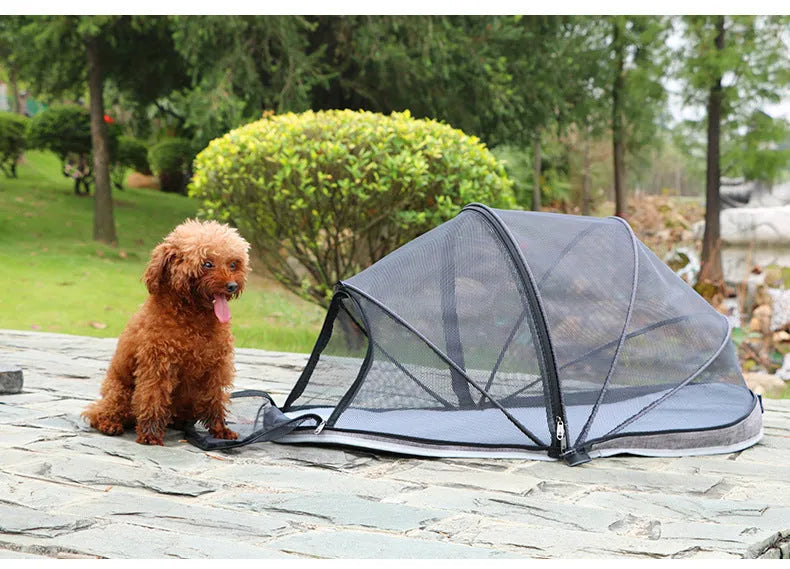 Foldable cloth cat tent with half mesh panels in black or blue colour