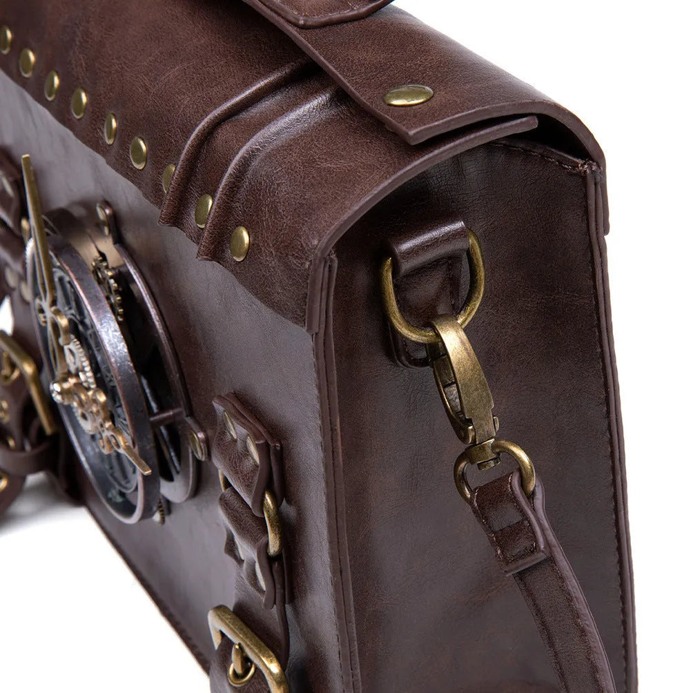 Bronze steampunk industrial retro shoulder bag with metal accents and square pillow shape