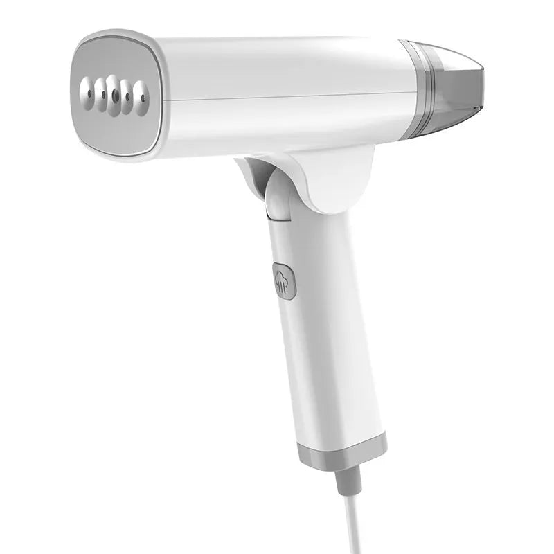 Blue and white handheld garment steamer with compact design and water tank.