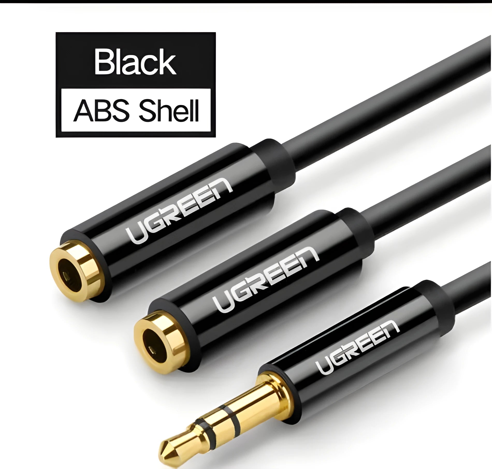20cm black earphone cable with gold-plated 3.5mm connectors beside grey and white colour options