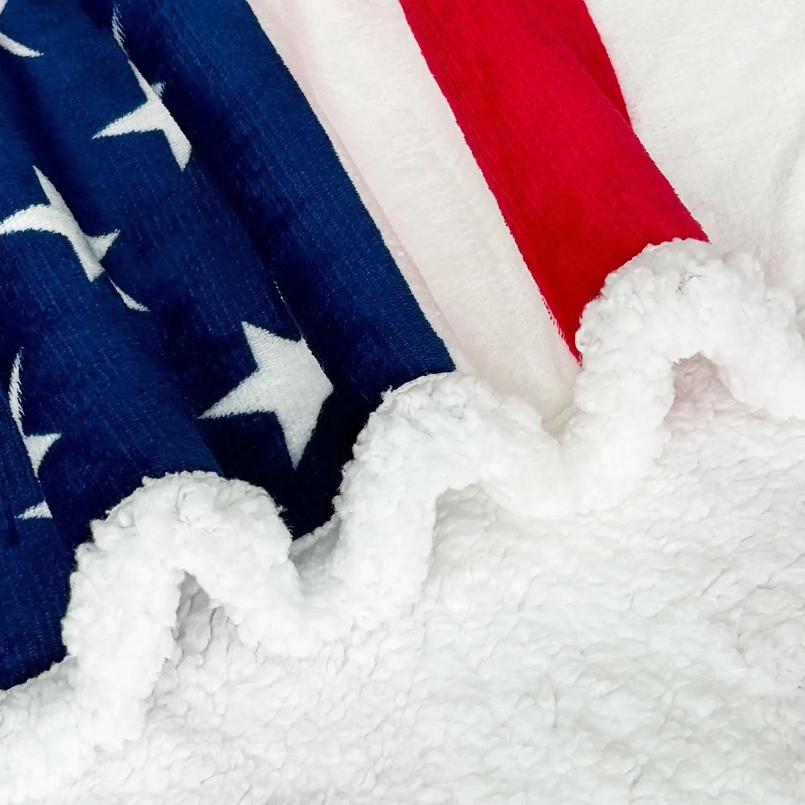 American style striped lambswool-look polyester blanket laid flat, showing three size options.