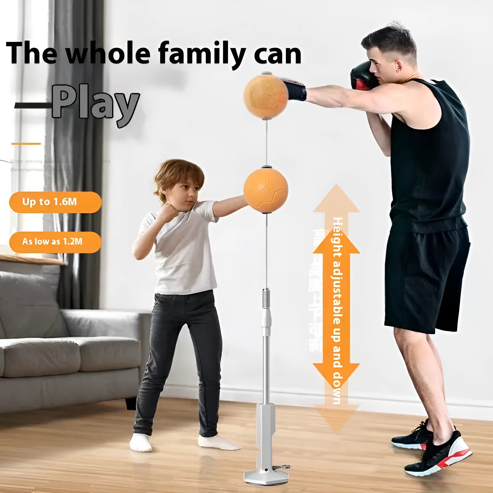 Vertical boxing reaction ball roly-poly design with focus mitts in orange and grey colour options