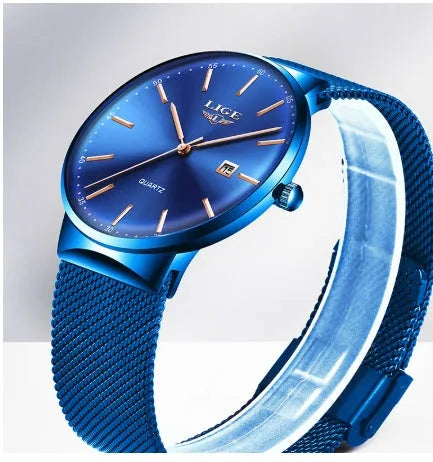 Men's stainless steel wristwatch with 40mm dial in black, blue, or two-tone colour options.