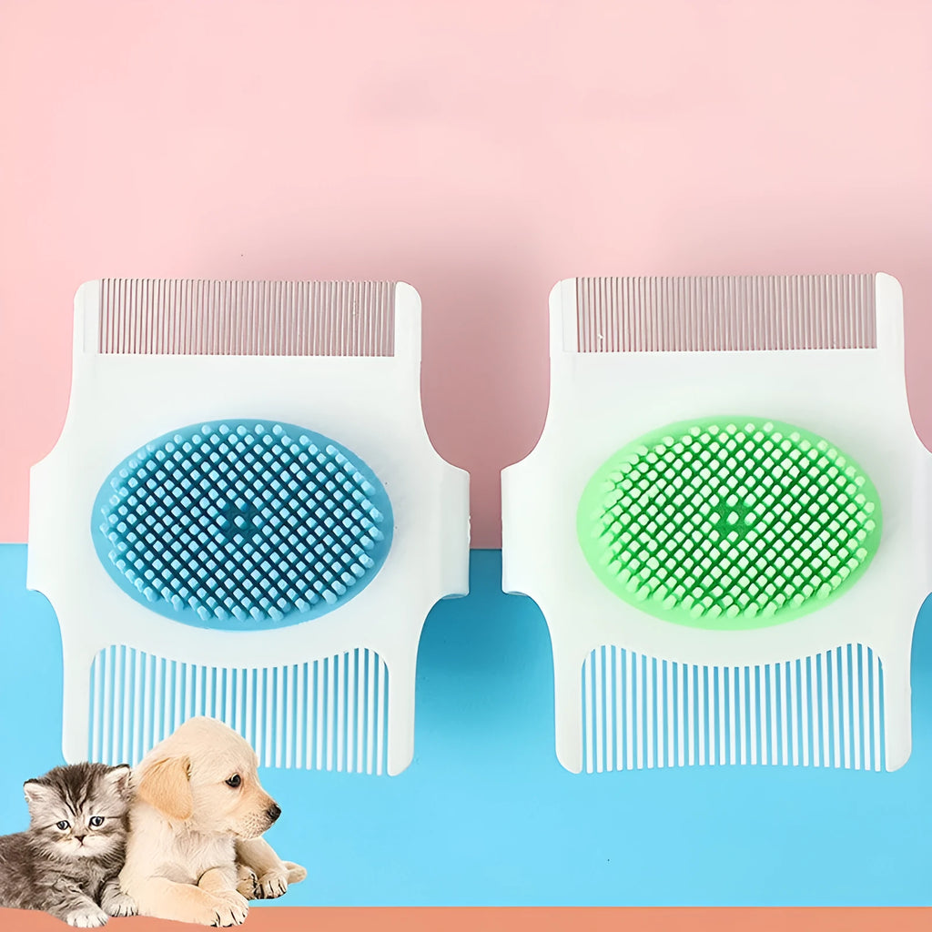 Blue or green multifunctional pet grooming comb for hair removal and de-shedding