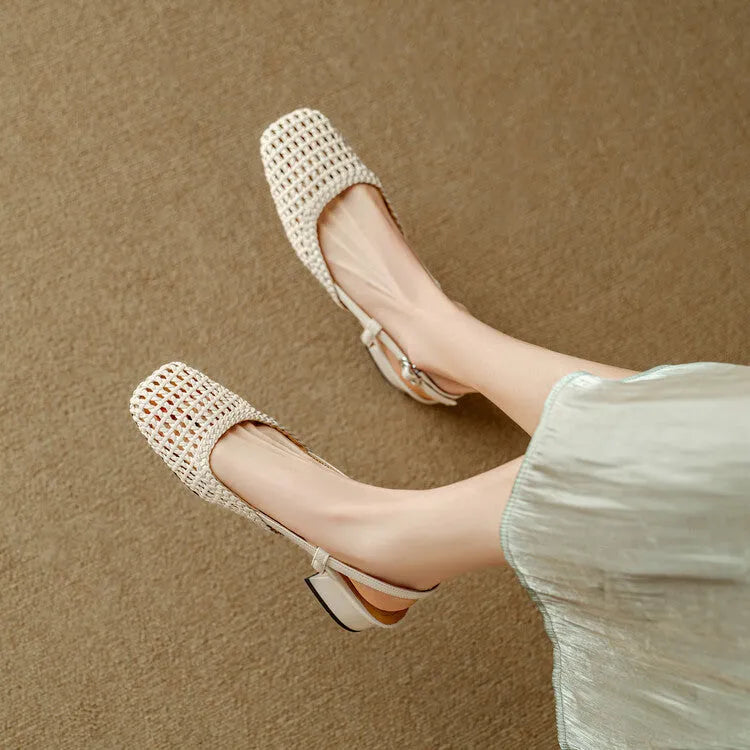 Women's beige woven sandals with closed toe, square head, buckle strap, and chunky heel.