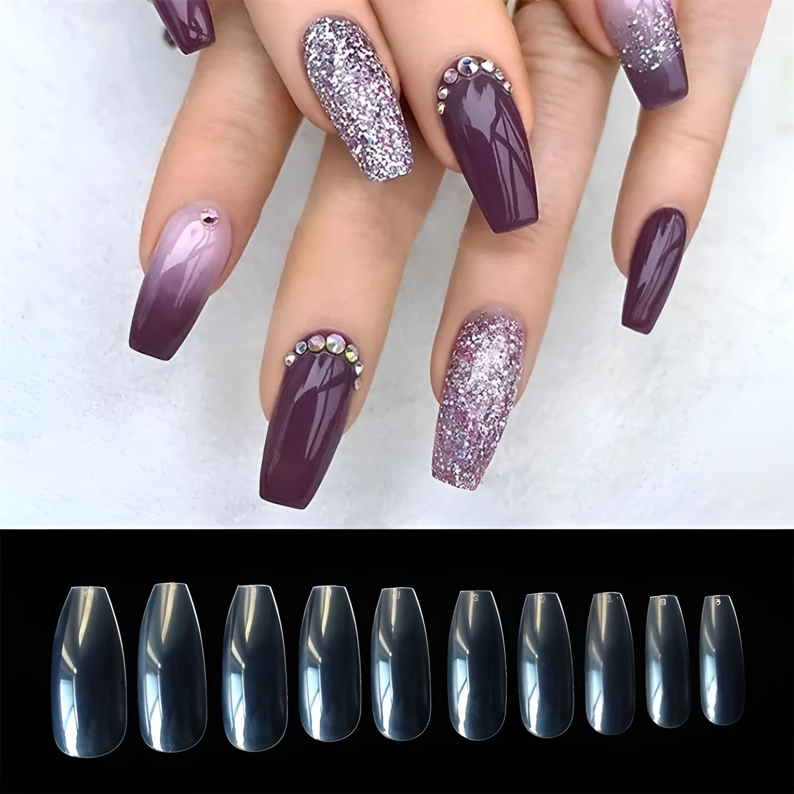 500 clear natural ABS fake nails in various sizes arranged with nail tools