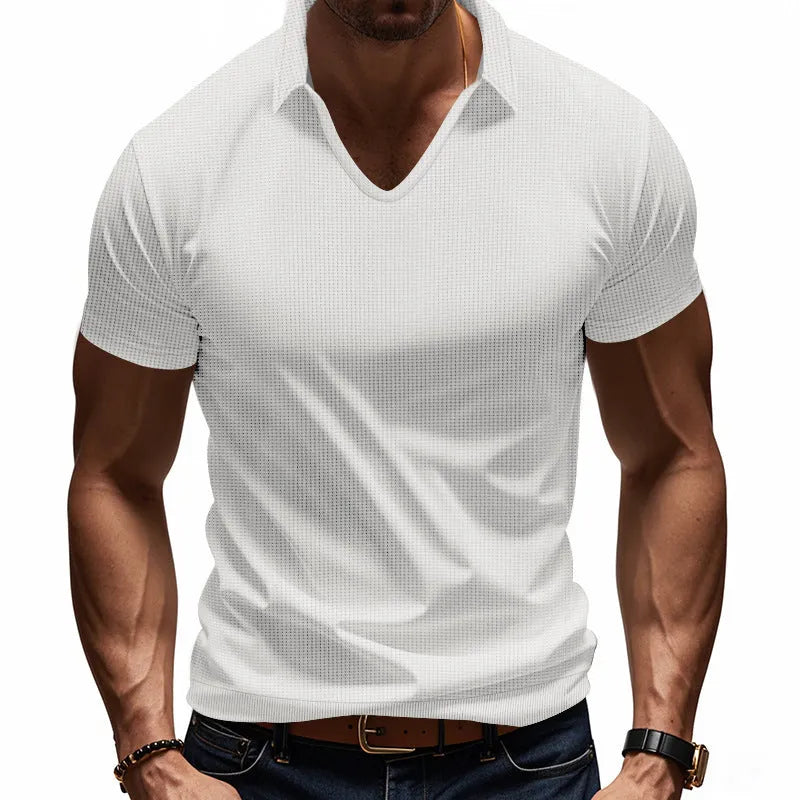 Men's loose fit V-neck short sleeve t-shirt in apricot colour with cotton blend fabric
