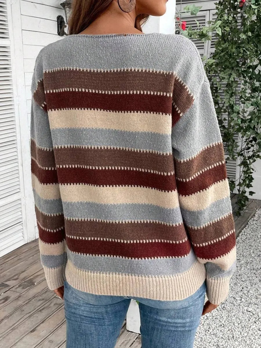 Women's colourblock striped pullover sweater in polyester fabric