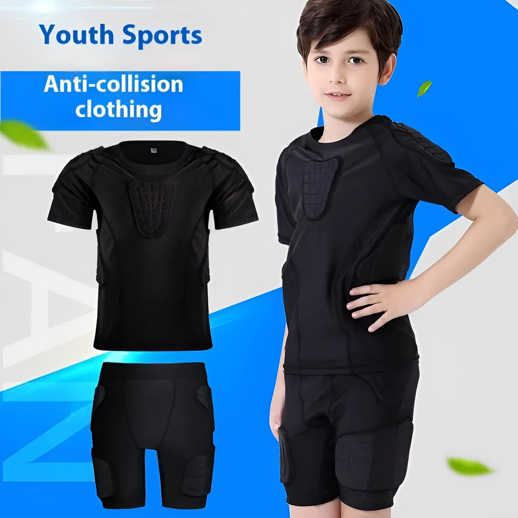 Children's anti-collision basketball bodysuit and cycling clothing set in black, pink, purple, and yellow, sizes YS to YXL.