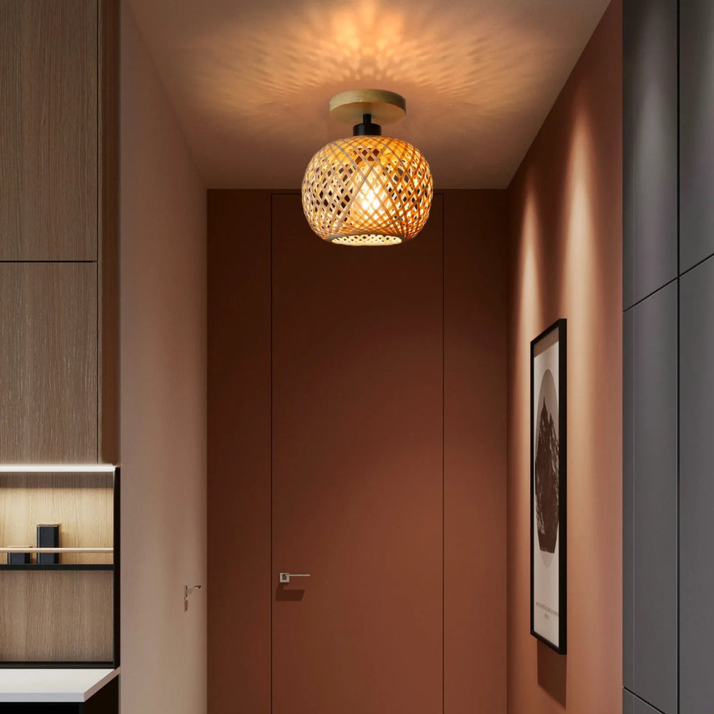 Japanese-style bamboo ceiling lamp with wood colour finish for corridor and entrance lighting