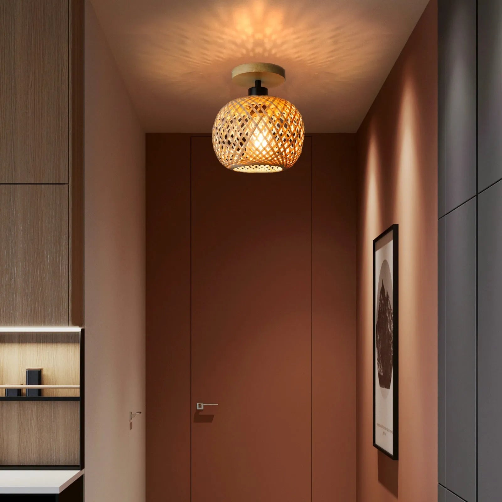Japanese-style bamboo ceiling lamp with wood colour finish for corridor and entrance lighting
