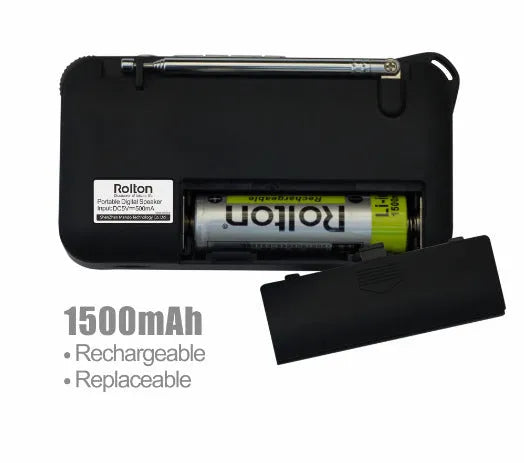 Golden Rolton W405 portable FM radio and MP3 speaker with LED display showing dimensions