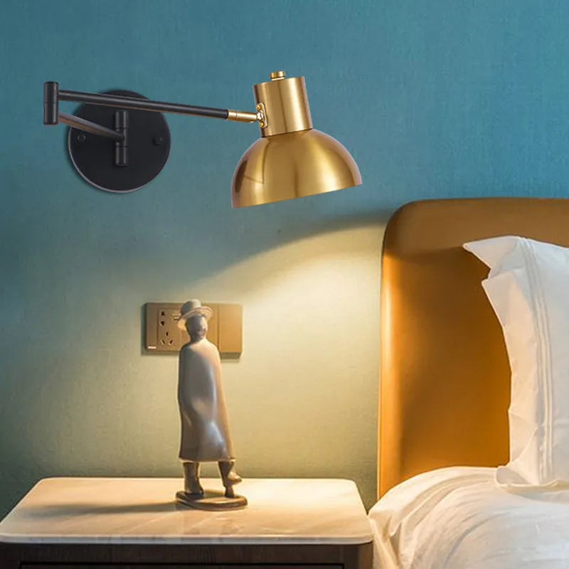 Modern minimalist double-section rocker arm wall lamp with metal finish and adjustable joints for bedroom lighting