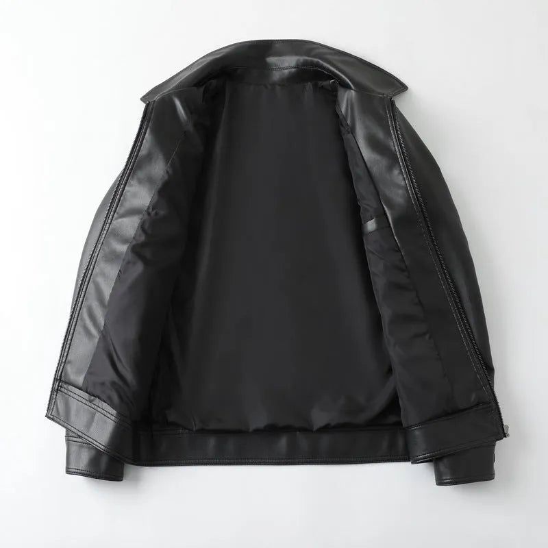 Men's black PU leather casual jacket with zip-up front and zipper pockets
