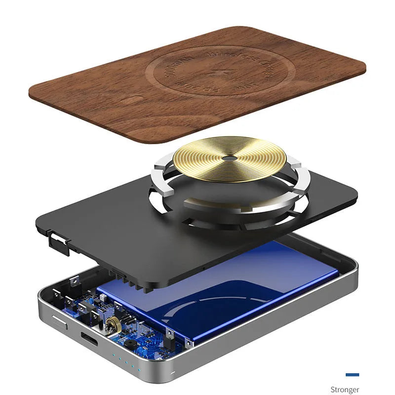 Khaki wireless charging bank with magnetic suction and 5000mAh battery capacity