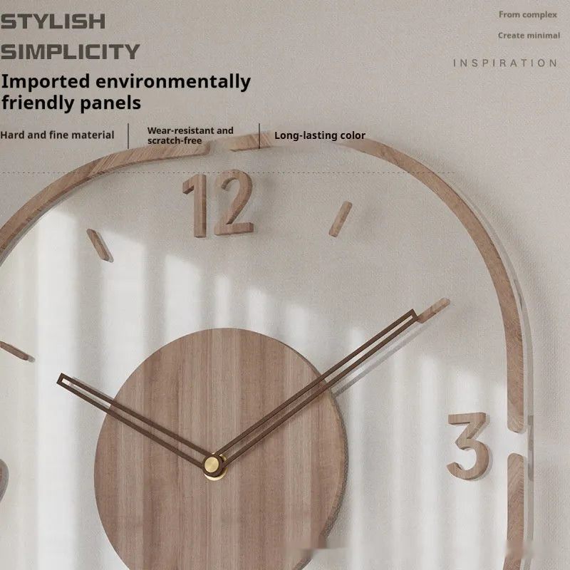 Square transparent wall clock with wooden frame showing visible quartz movement mechanism