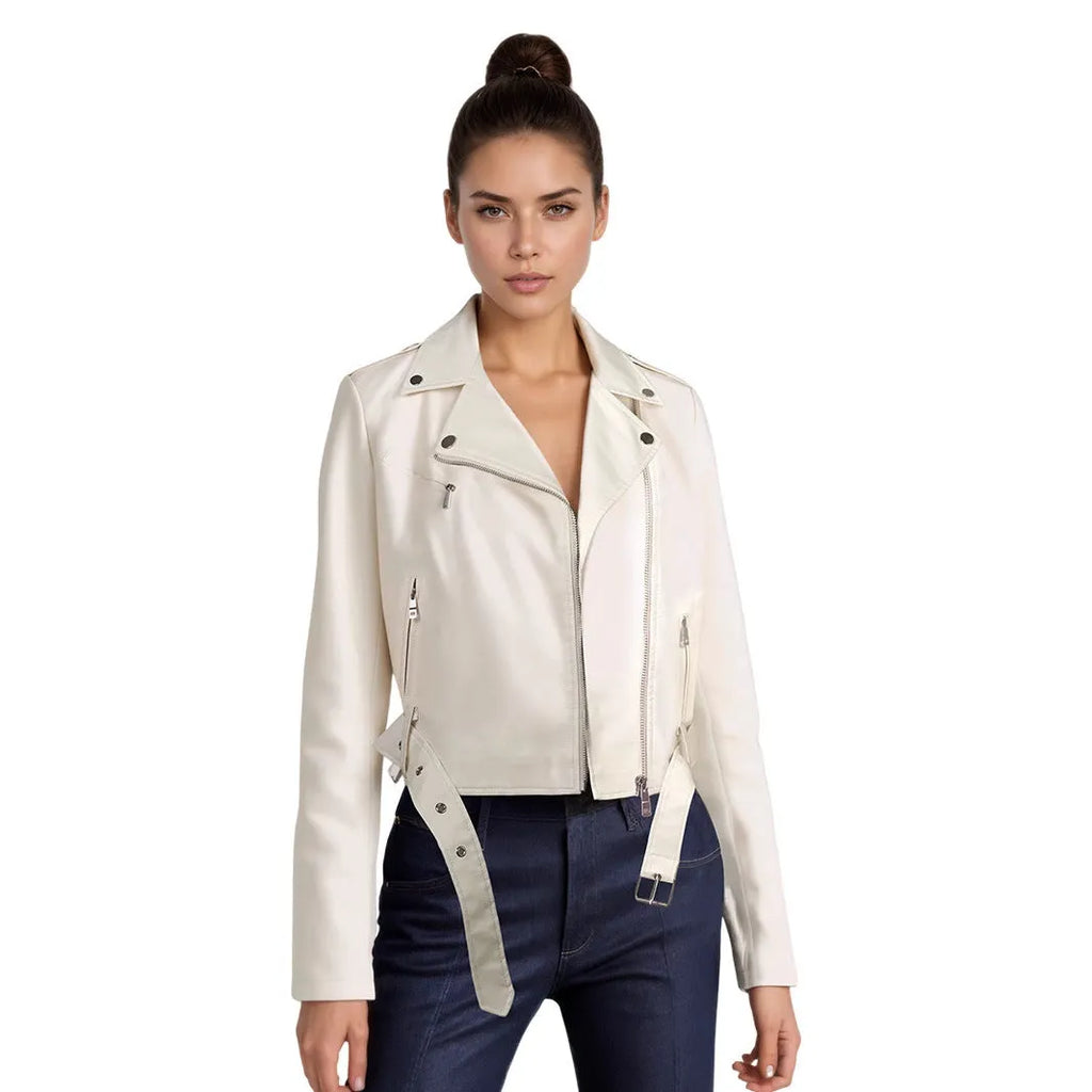 Red women's short PU leather jacket with lapel collar and an adjustable waist belt