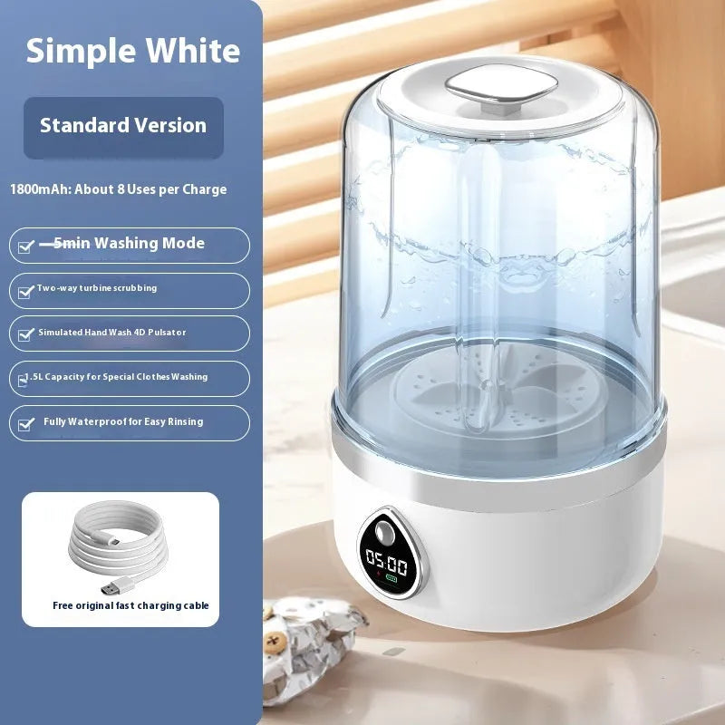 White portable mini washing machine with USB charging port and compact dimensions