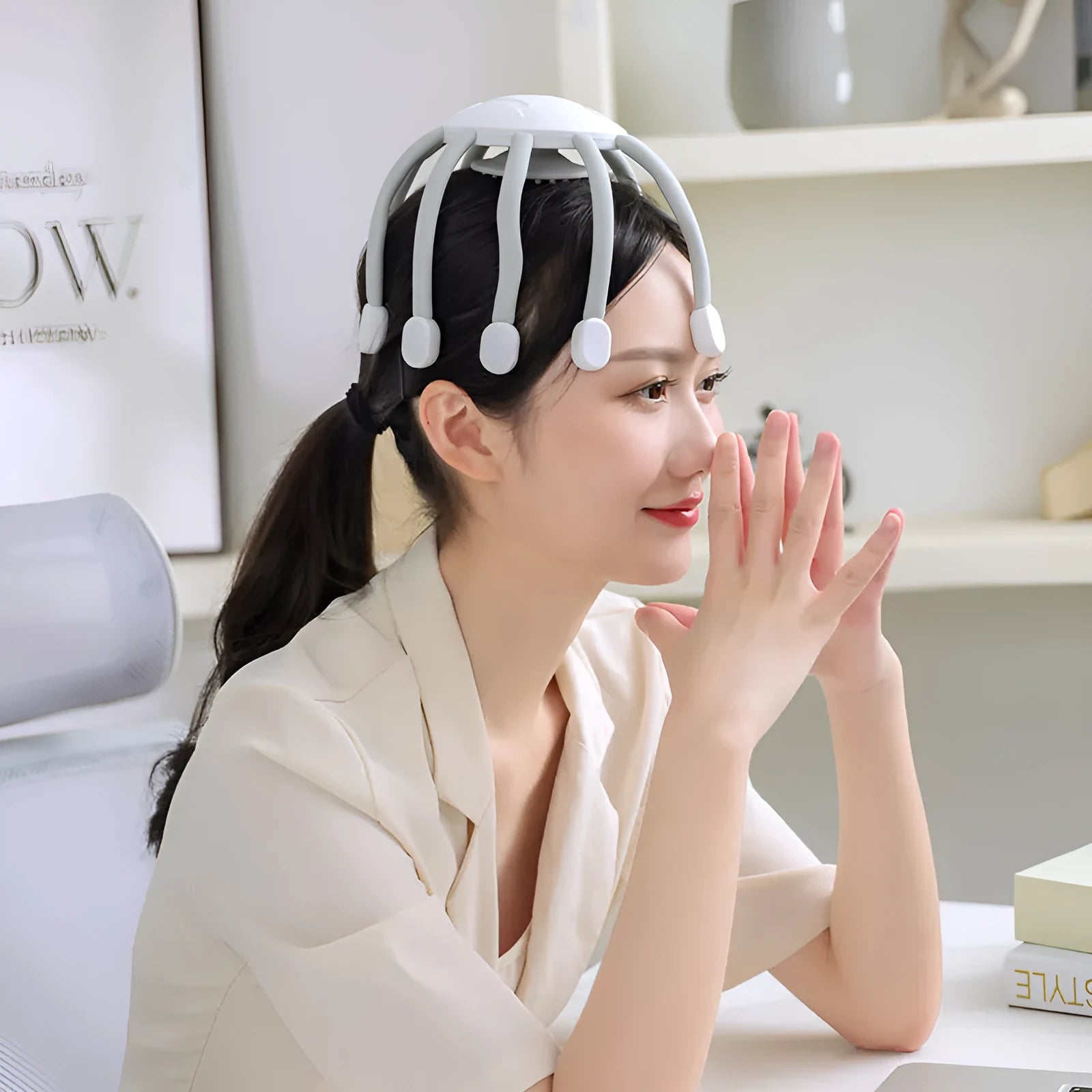 USB electric head massager with multiple silicone claws in black, white, and upgrade versions