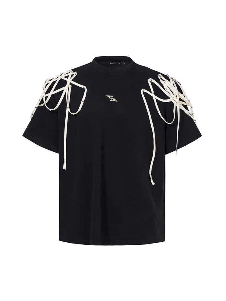 Black loose fit short sleeve T-shirt with rivet ribbon padded shoulder detail