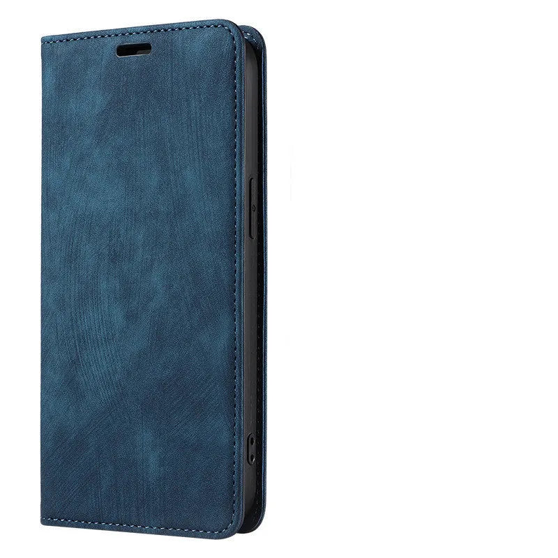 Magnetic flip phone case in genuine leather and TPU for iPhone, showing front cover closed with magnetic closure