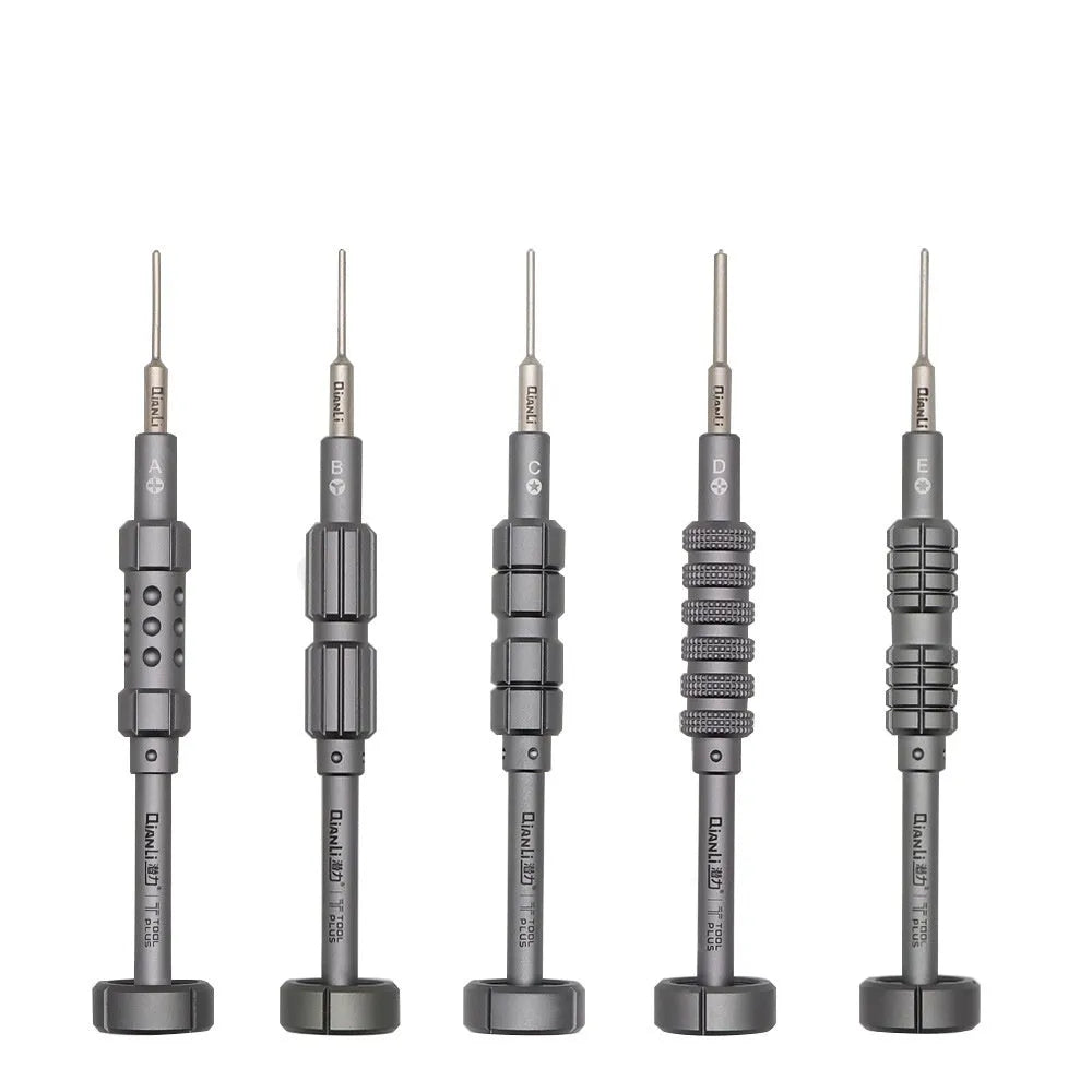 Precision screwdriver with grenade-shaped aluminium handle and multiple bits for iPhone repair