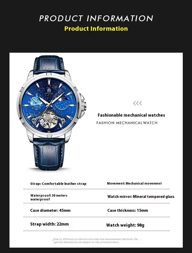 Men's blue dial automatic mechanical watch with stainless steel case, side view showing 14mm thickness.