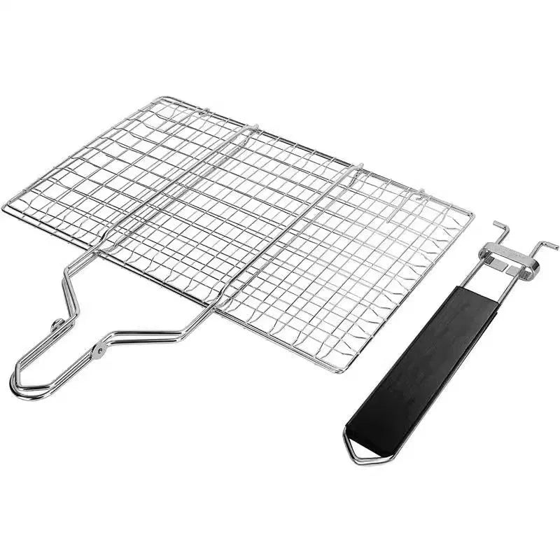 Square stainless steel folding barbecue mesh basket with cleaning brush