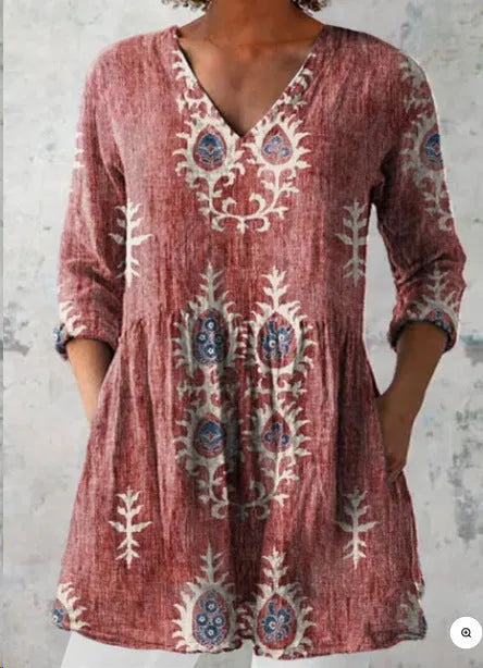 Women's printed loose dress with wave pattern, wide waistband, and 3/4 sleeves in polyester fabric