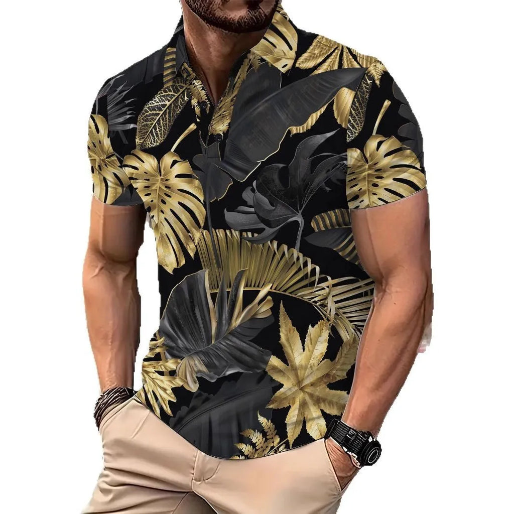 Man wearing a gold short sleeve shirt with a tropical leaf pattern print