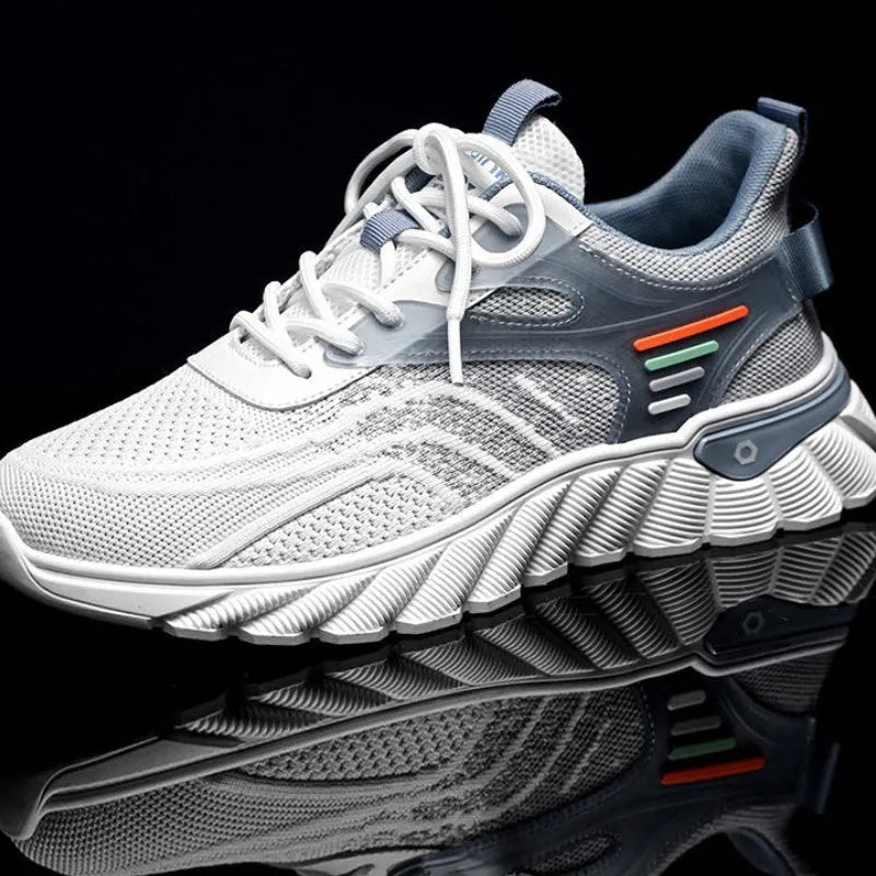 Men's white blue and black platform casual sports shoes with mesh upper and cross shoulder straps.